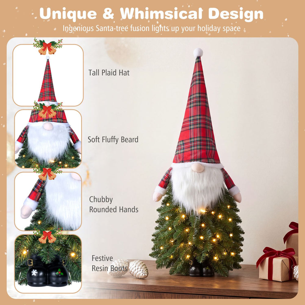 Santa-inspired 3 ft pre-lit tabletop Christmas tree features 20 warm white LED lights and a whimsical design for festive decor.
