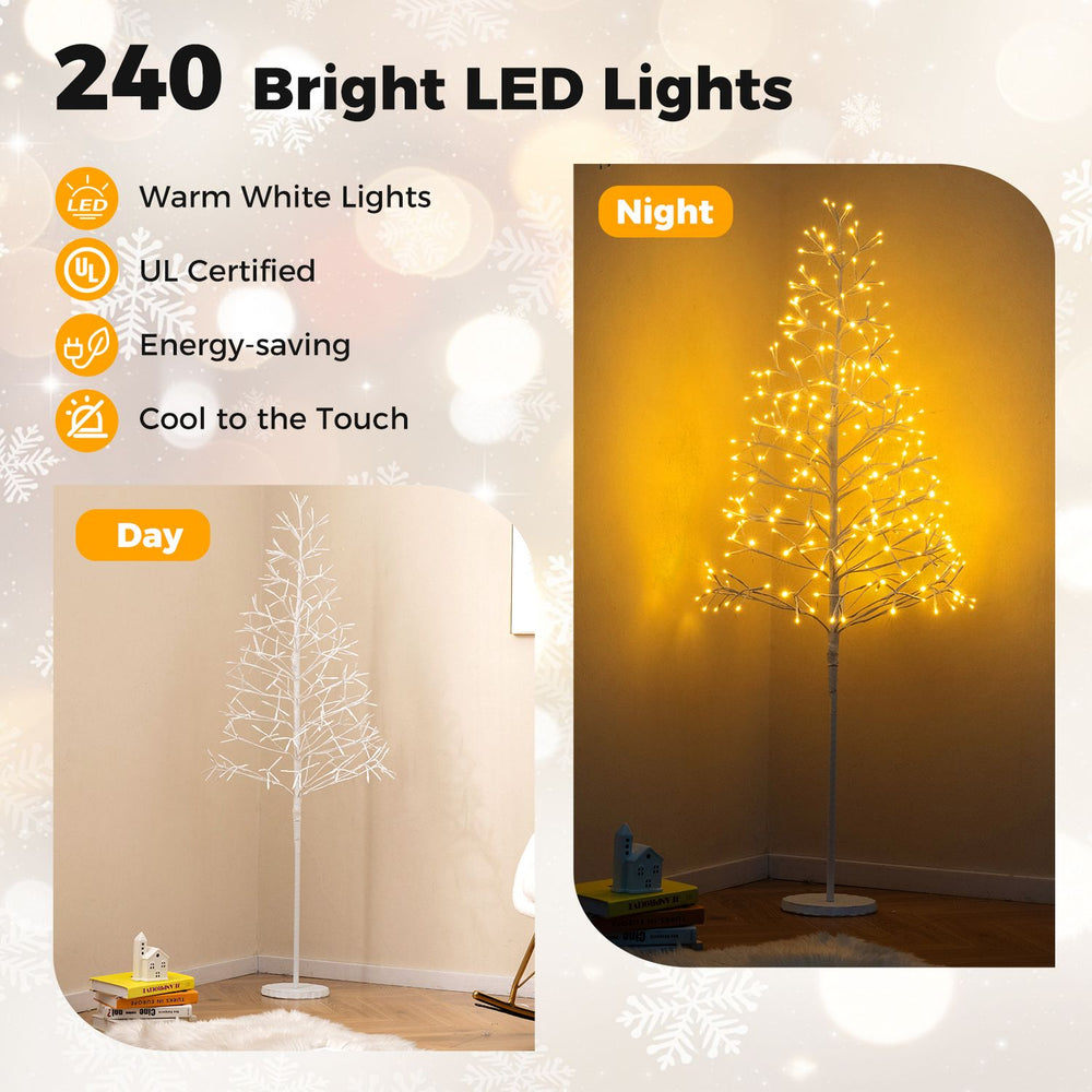 Lighted birch tree with 240 warm white LED lights and weighted base, perfect for Christmas and holiday displays.
