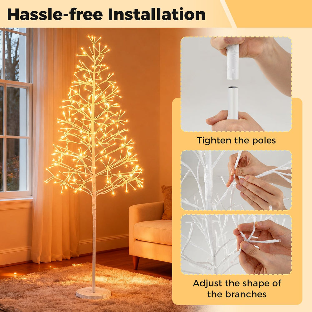 Lighted birch tree with 240 warm white LED lights and a weighted base, perfect for holiday decorations and ambiance.