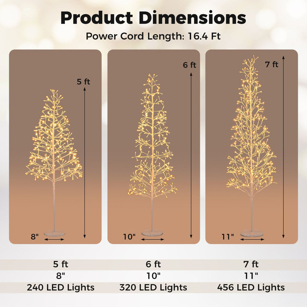 Lighted birch tree with 240 LED lights, 5 ft tall, featuring a weighted base for stability and easy holiday decorating.