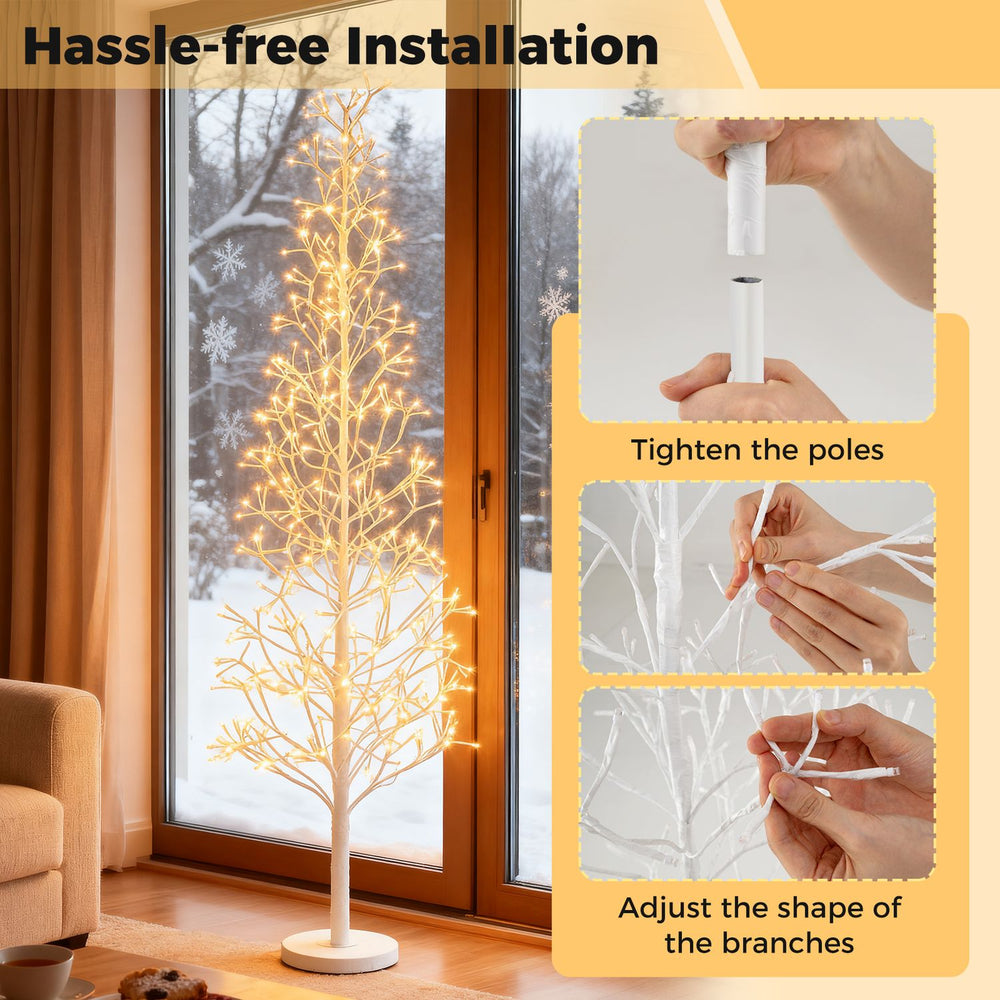 Lighted birch tree with warm white LED lights and weighted base, perfect for holiday decorations and easy assembly.