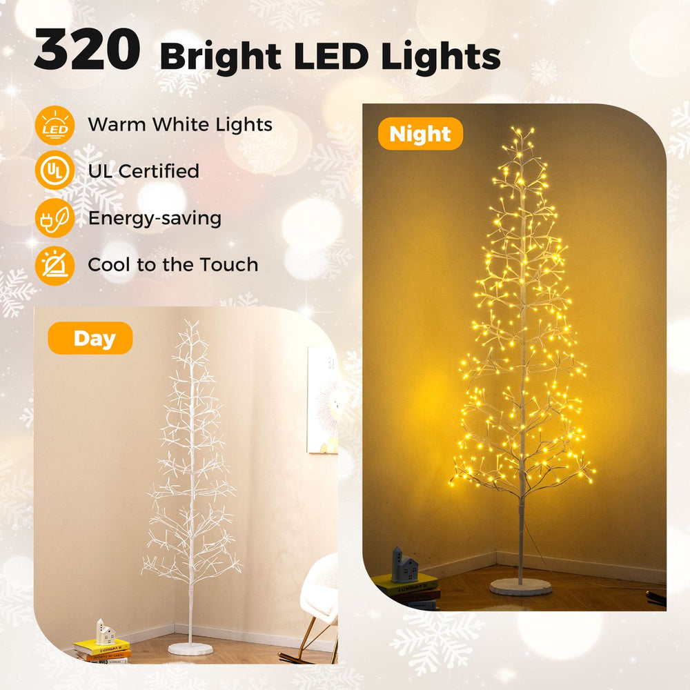 Lighted birch tree with 320 warm white LED lights and weighted base, perfect for holiday and everyday displays.