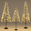 Lighted alpine trees in 5, 6, and 7 FT heights with warm white LEDs, perfect for Christmas or seasonal decor.