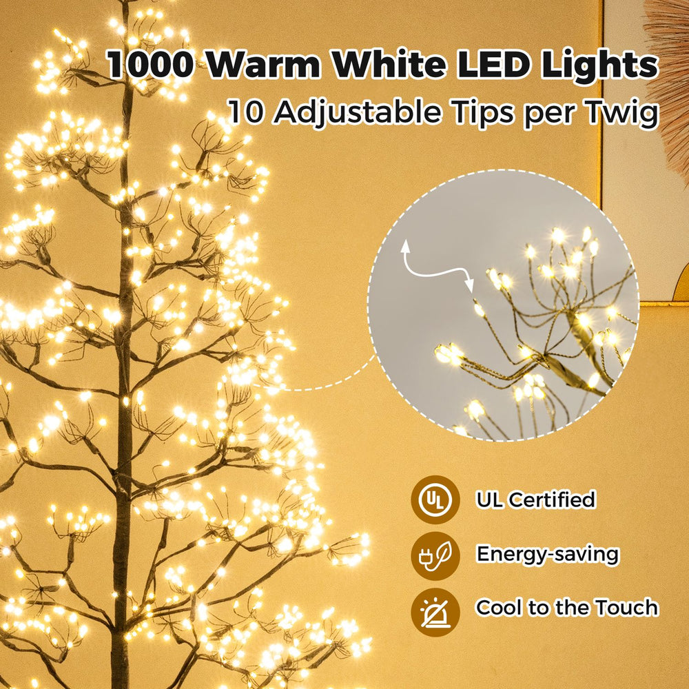 Lighted alpine tree with 1000 warm white LED lights, featuring 10 adjustable tips per twig for versatile decoration.