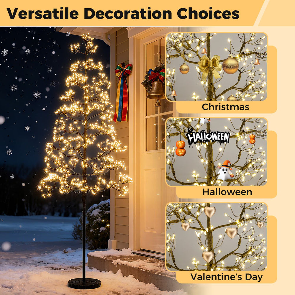 Lighted alpine tree with 1000 warm white LEDs, adjustable tips, and a weighted base for versatile seasonal decoration.