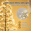 Lighted alpine tree featuring 1500 warm white LED lights and 10 adjustable tips per twig for versatile decoration.