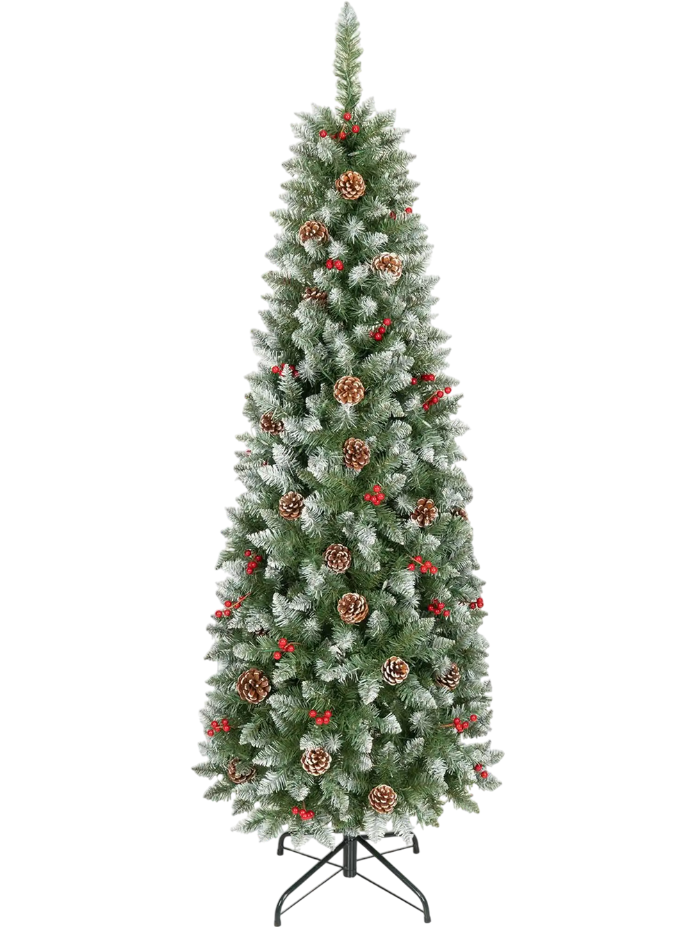 6FT frosted pencil fir Christmas tree with pine cones and red berry clusters, shown full-length on its folding metal stand.