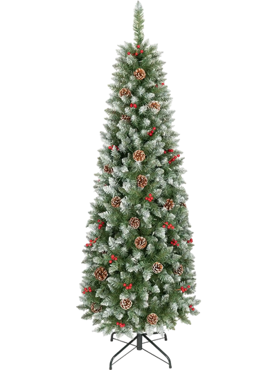 Costway Frosted Pencil Fir Christmas Tree Pine Cones Red Berry Clusters 61616956 New
