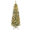 Frosted pencil fir Christmas tree with pine cones, red berry clusters, and warm white LED lights, shown full-length.