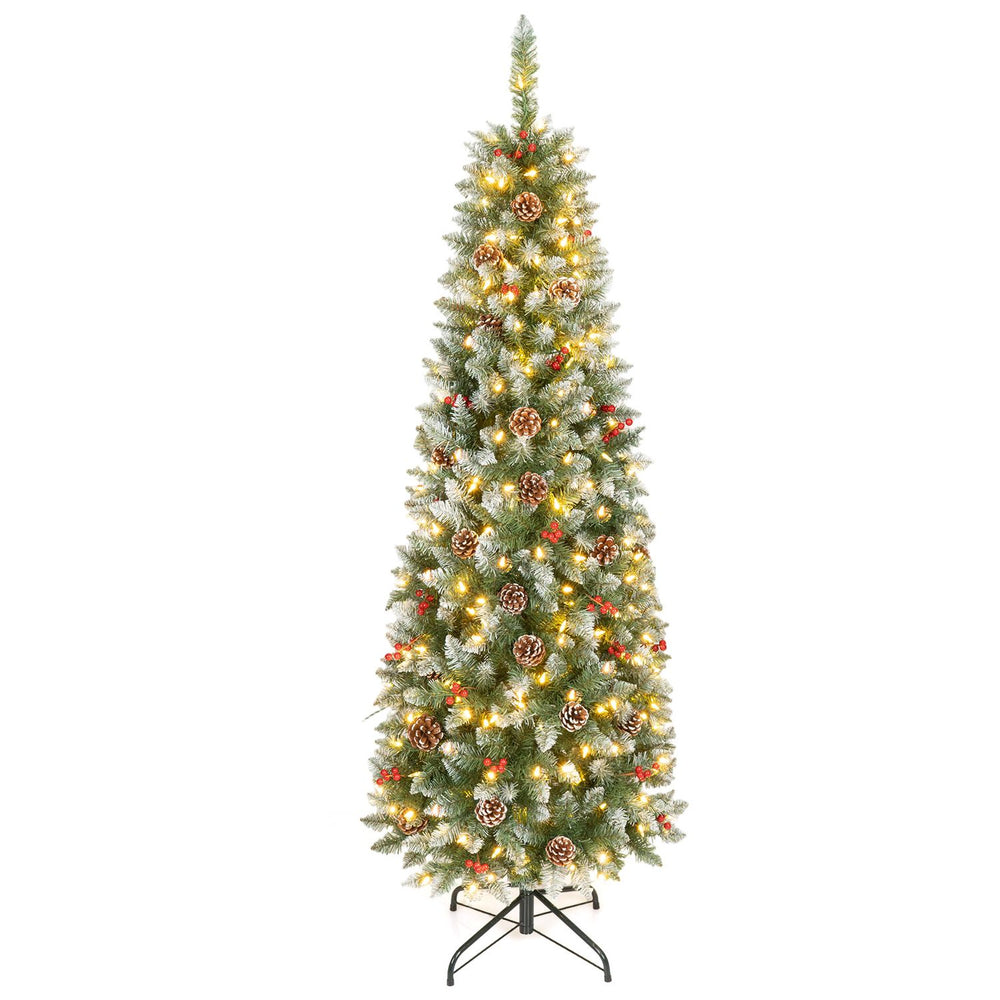 Frosted pencil fir Christmas tree with pine cones, red berry clusters, and warm white LED lights, shown full-length.