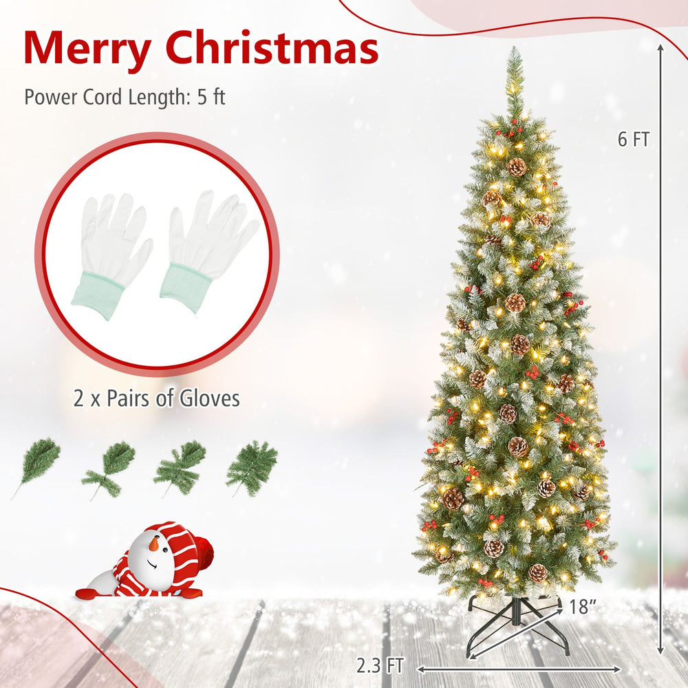 6FT frosted pencil fir Christmas tree with pine cones, red berry clusters and warm white LED lights, shown full-length.
