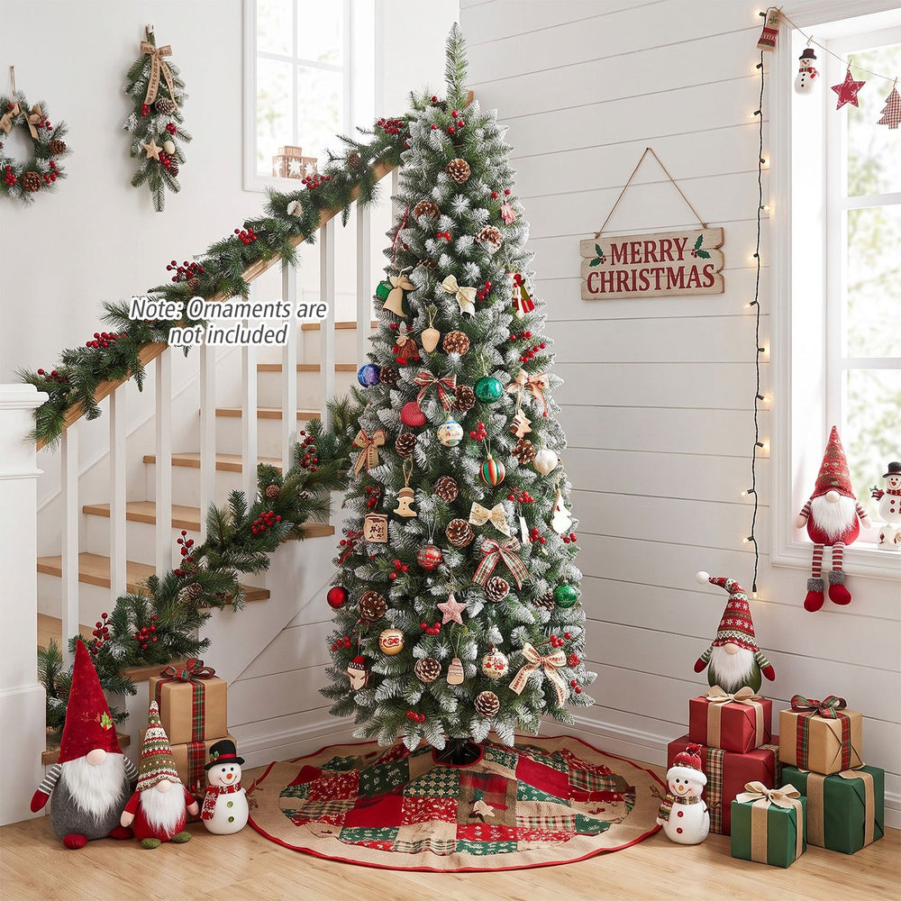 6FT frosted pencil fir Christmas tree decorated with pine cones and red berry clusters in a festive room setting.