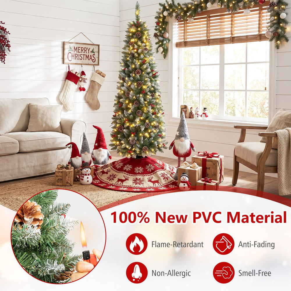 Frosted pencil fir Christmas tree with red berry clusters and pine cones, decorated with warm white LED lights.