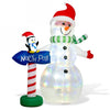 Inflatable snowman with penguin and North Pole sign, featuring colorful LED lights for the garden or porch.