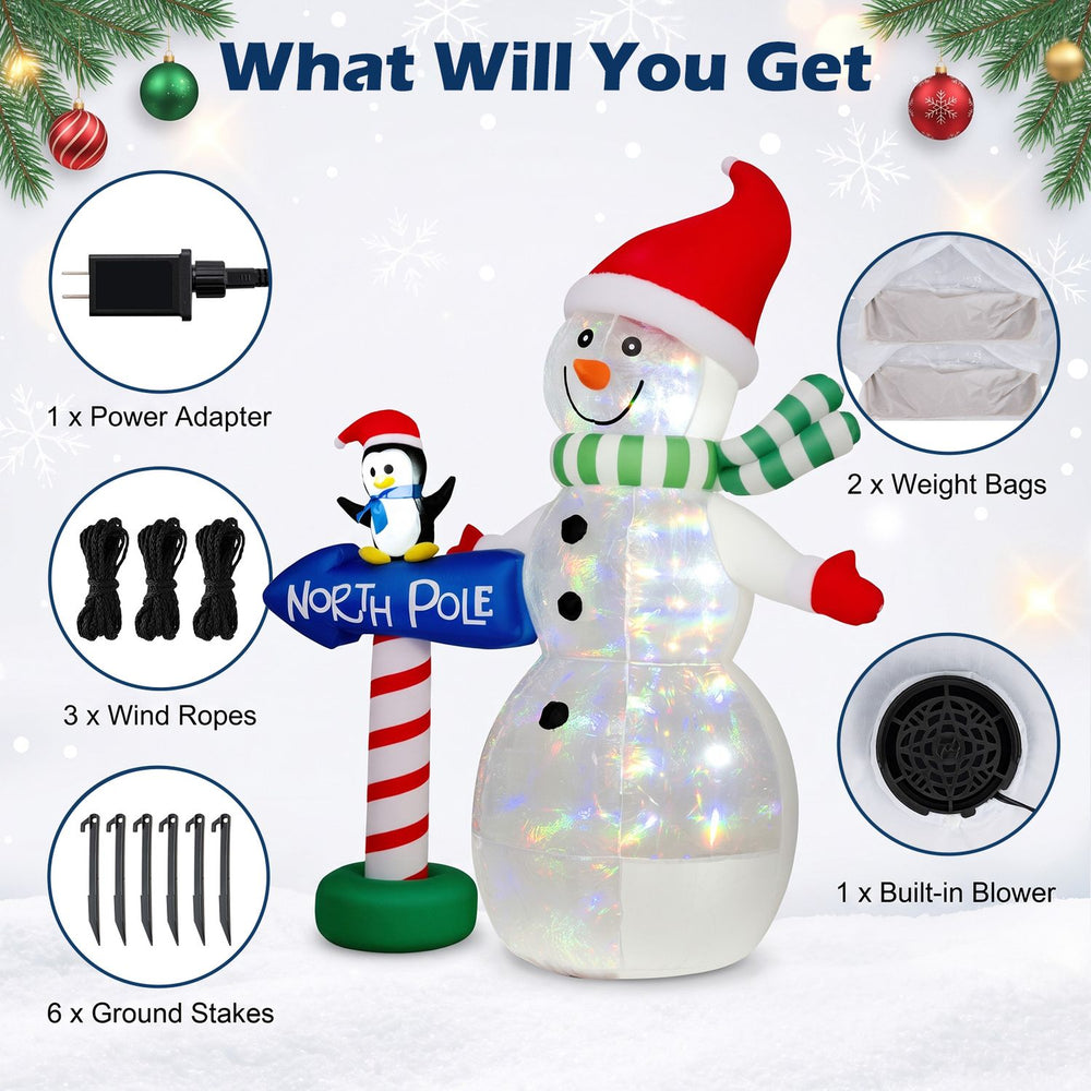 6 FT Christmas inflatable snowman with penguin and North Pole sign, colorful LED lights and outdoor ground stakes