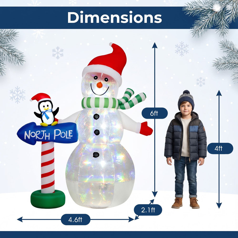 6 FT inflatable snowman with penguin and North Pole sign, featuring colorful LED lights for outdoor holiday decor.