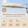 Beige 11 ft cantilever patio umbrella with heavy-duty 4-piece base, shown open with wind-resistant canopy.