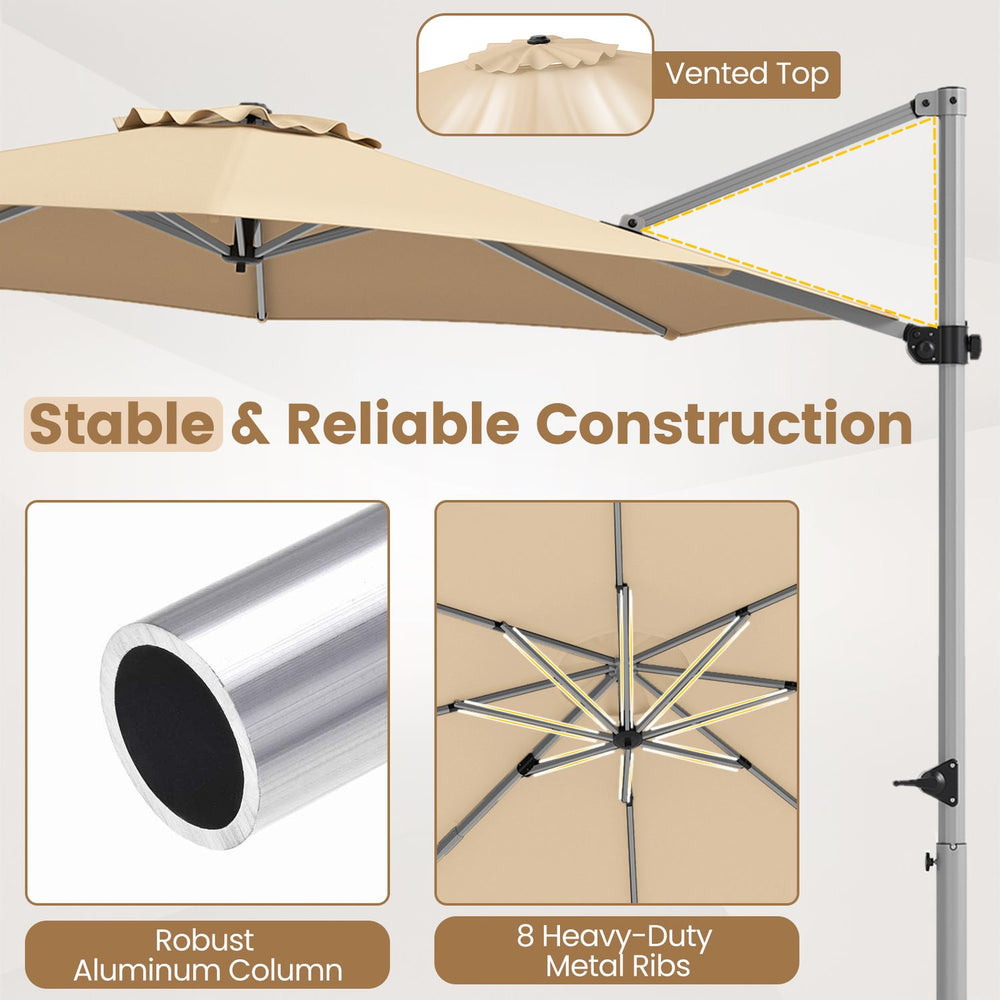 Side view of beige 11 ft round canopy with vented top on an outdoor offset umbrella set with heavy-duty base.