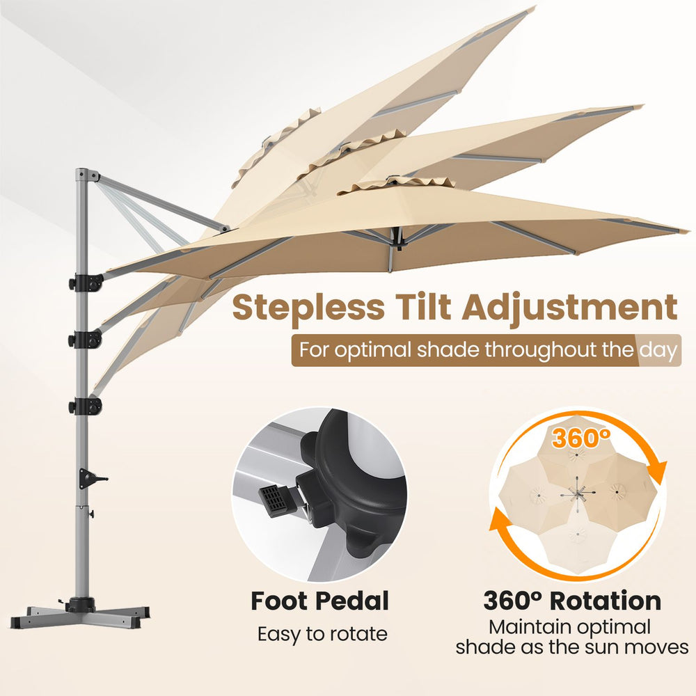Beige 11 ft cantilever patio umbrella shown in a side view with its heavy-duty 4-piece base and tilt adjustment.
