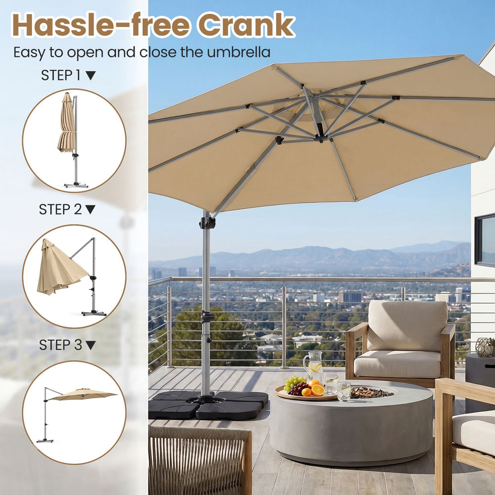 Beige 11 ft cantilever patio umbrella with heavy-duty 4-piece base shown open above an outdoor seating area.