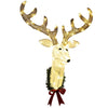 3D Rudolph hanging wreath with glowing LED warm white lights, gold antlers and red bow for Christmas wall décor