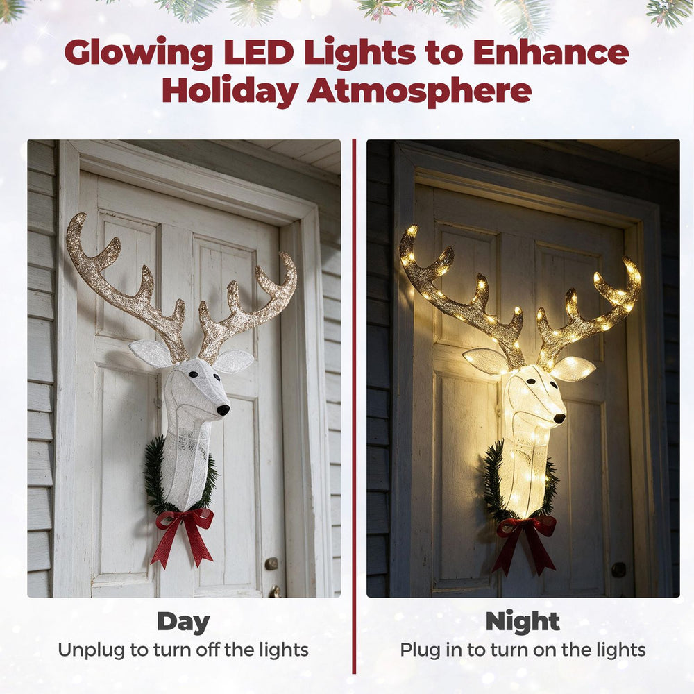 3D Rudolph hanging wreath with LED warm white lights shown unplugged by day and glowing at night.