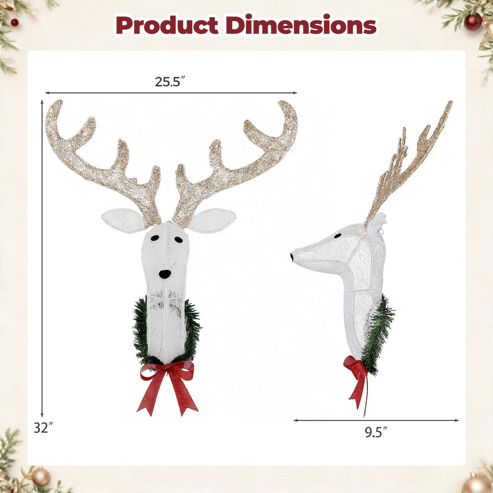 32” Pre-Lit 3D Rudolph Hanging Wreath with 63 glowing LED lights, shown in a 32” by 9.5” dimension view.