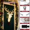 3D Rudolph hanging wreath with LED warm white lights and red bow decorates a Christmas door.