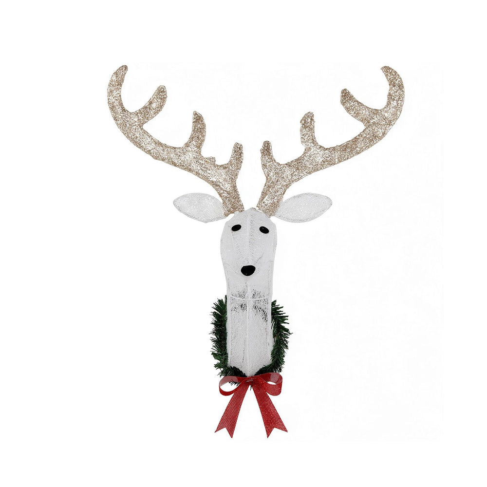 3D Rudolph hanging wreath with lighted antlers, warm white LED lights, and red bow for Christmas decor