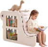 2-in-1 kids bookshelf with padded cushion and open cubbies, shown in a reading nook during storytime.