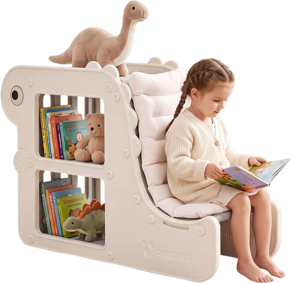 2-in-1 kids bookshelf with padded cushion and open cubbies, shown in a reading nook during storytime.