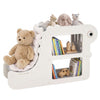 2-in-1 kids bookshelf with padded cushion and open cubbies, shown with plush toys and books in a reading nook.