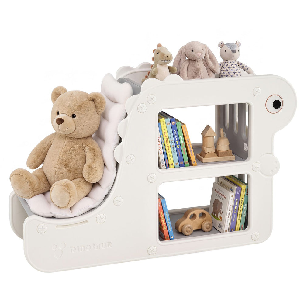 2-in-1 kids bookshelf with padded cushion and open cubbies, shown with plush toys and books in a reading nook.