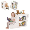2-in-1 kids bookshelf with padded cushion and open cubbies, shown as a cozy reading nook with books and toys.
