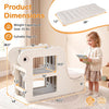 2-in-1 kids bookshelf with padded cushion and open cubbies, shown with dimensions in a child’s reading nook.