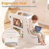 2-in-1 kids bookshelf with padded cushion shown in use as a cozy reading nook with open cubbies and front-facing racks