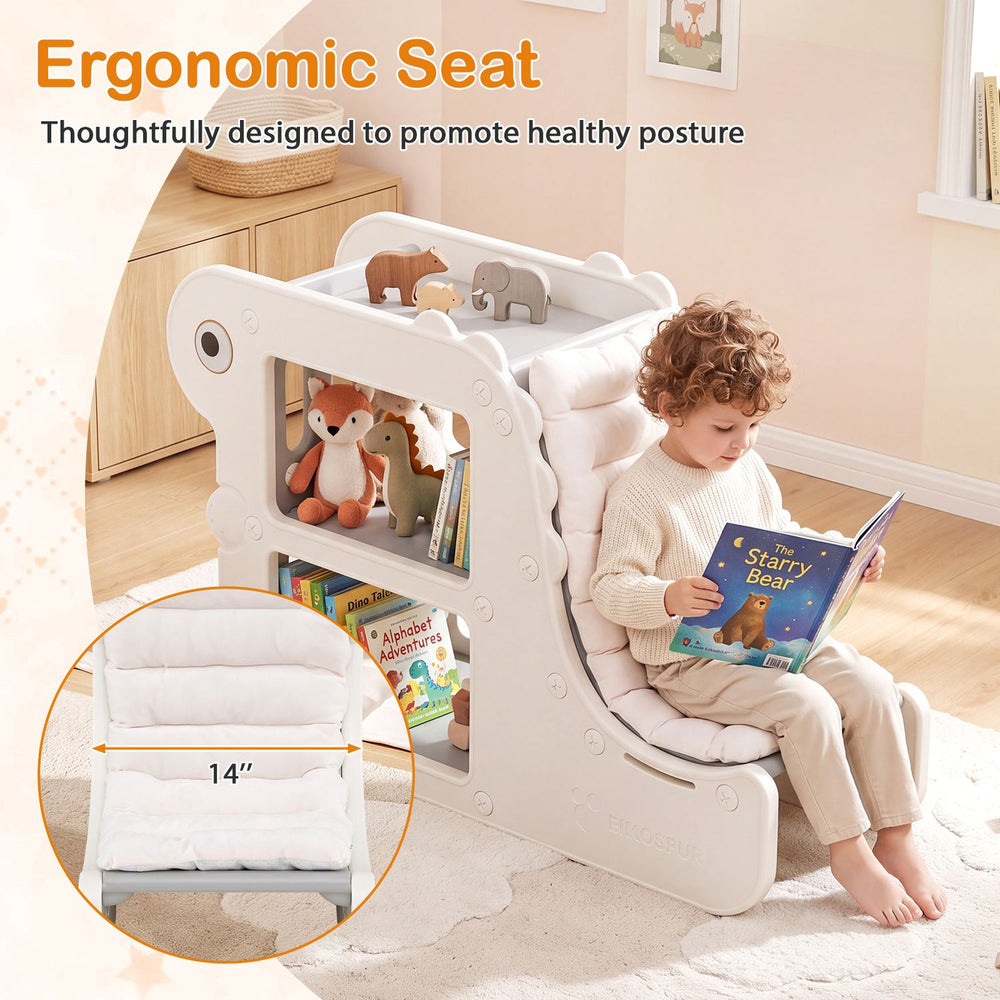 2-in-1 kids bookshelf with padded cushion shown in use as a cozy reading nook with open cubbies and front-facing racks