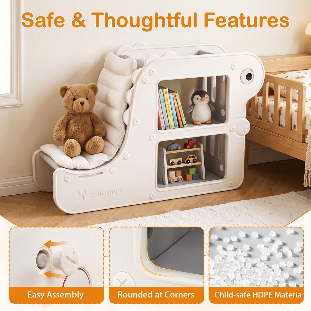 2-in-1 kids bookshelf with padded cushion and open cubbies, shown as a reading nook with books and toys.