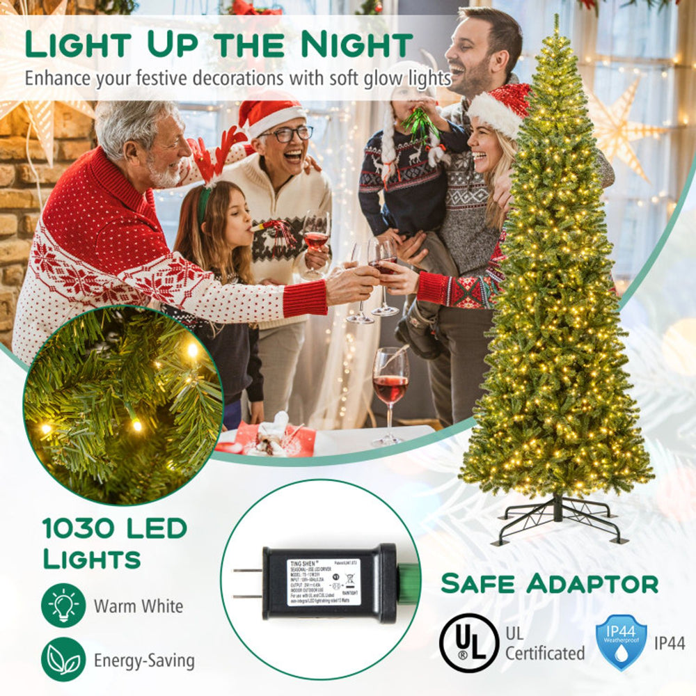 12 ft pre-lit Christmas tree with warm white LED lights and sturdy cross metal base for festive indoor décor