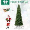 12 ft hinged Christmas tree shown full-length with dense foliage and cross metal base for indoor holiday décor.