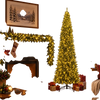 12 ft prelit Christmas tree with warm white LED lights beside a 9 ft cypress Christmas garland in a festive living room.