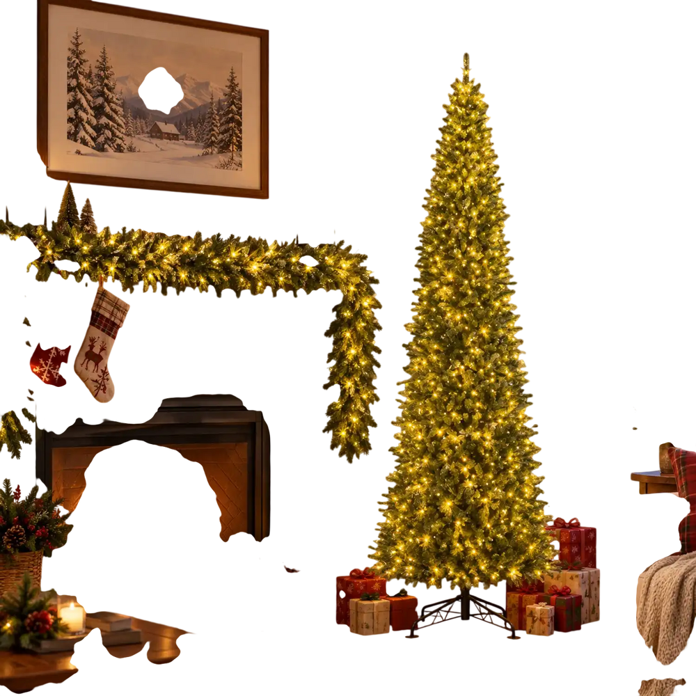 12 ft prelit Christmas tree with warm white LED lights beside a 9 ft cypress Christmas garland in a festive living room.