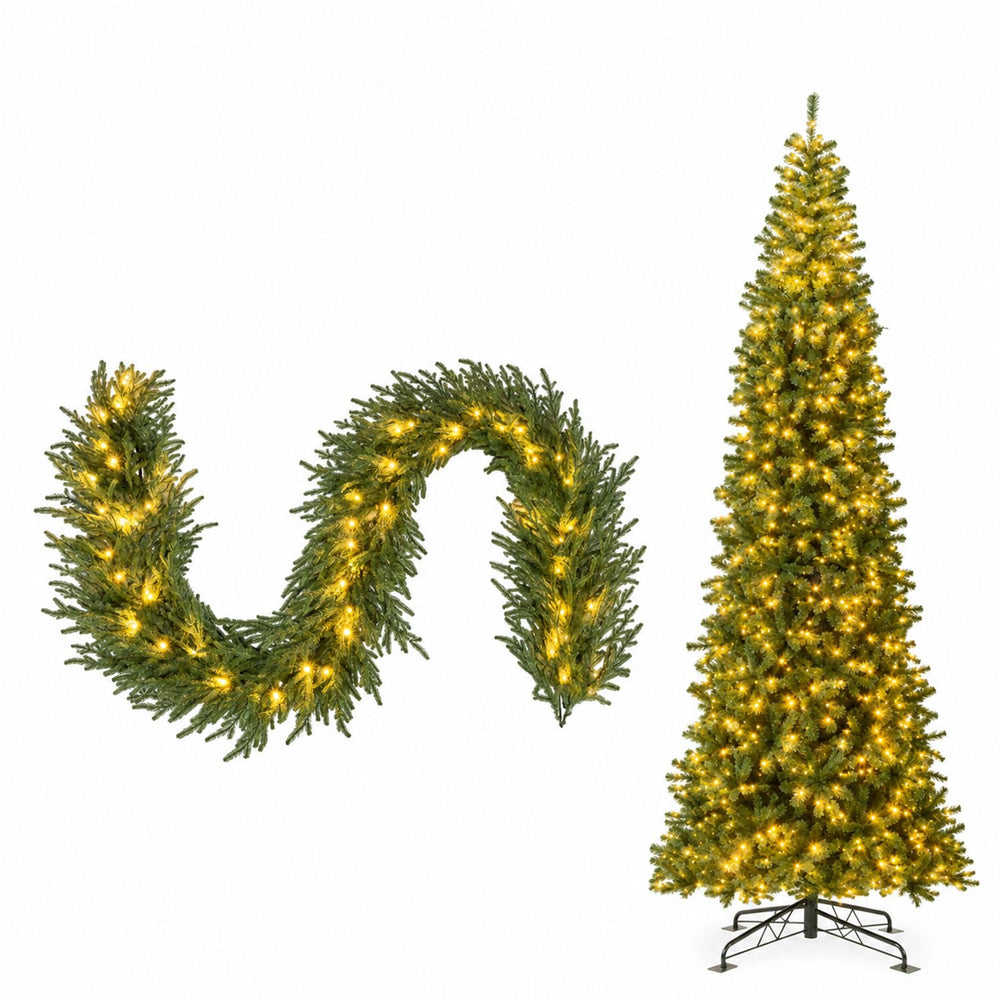 12 ft pre-lit Christmas tree and 9 ft cypress garland glow with warm white LEDs for holiday decorating.