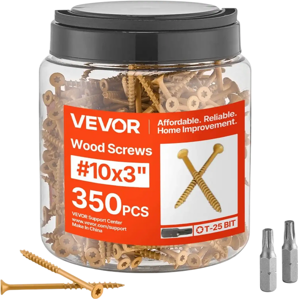 VEVOR Wood Screws 350 PCS, #10 x 3-Inch Anti-Rust Coated, Exterior Deck Screw Torx/T25 Star Drive, Metal Rust-Resistant Outdoor Decking Screws with 2 Screw Connectors, for Decking Fencing Framing