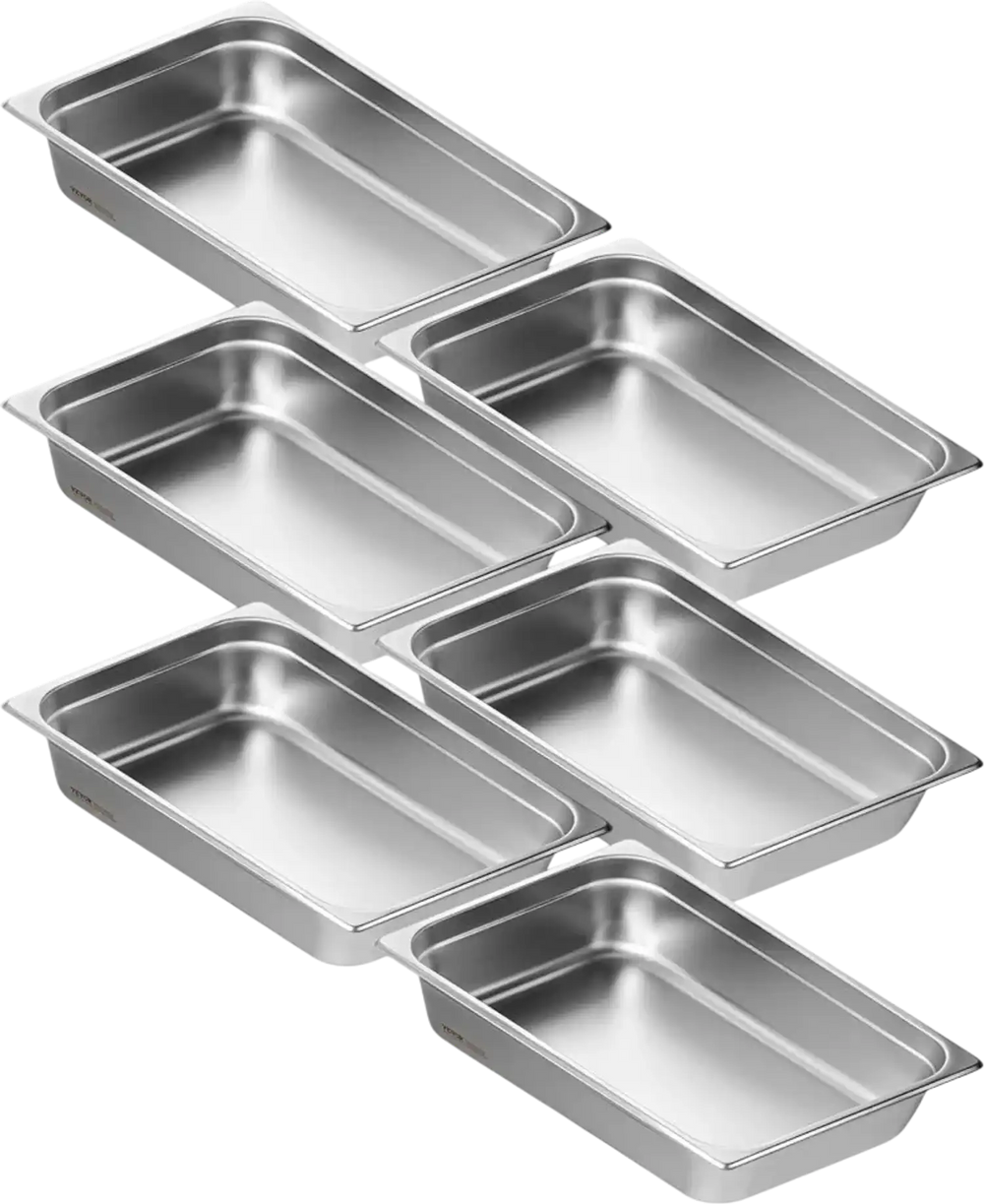 VEVOR 6 Pack Hotel Pans, Full Size Anti-Jam Steam Pan, 0.8mm Thick Stainless Steel Restaurant Steam Table Pan, 4-Inch Deep Commercial Table Pan, Catering Storage Food Pan, for Industrial & Scientific