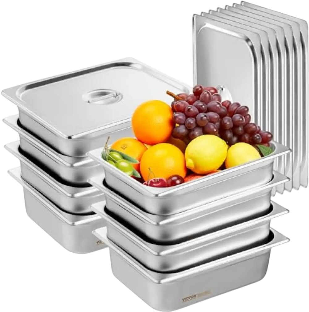 VEVOR 8 Pack Hotel Pans, 1/2 Size Anti-Jam Steam Pan with Lid, 0.8mm Thick Stainless Steel Steam Table Pan, 4-Inch Deep Commercial Table Pan, Catering Storage Food Pan, for Industrial & Scientific