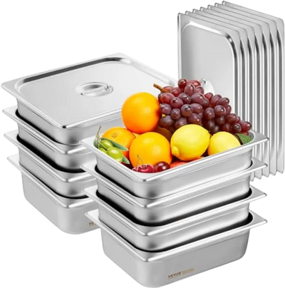 Vevor Steam Table Pan 8-Pack 1/2 Size Stainless Steel Hotel Pans with Lids 4