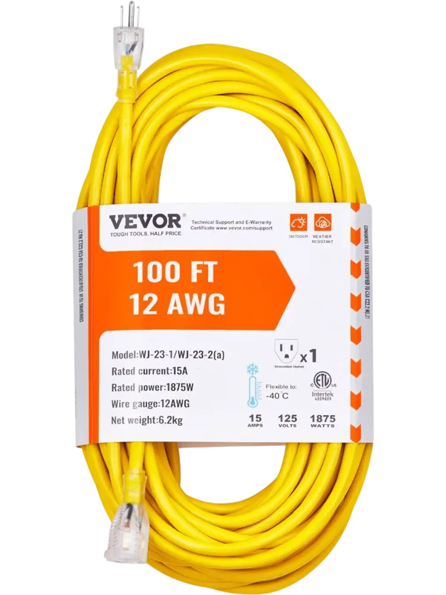 Vevor Extension Cord 100' Heavy Duty 12 AWG 15 Amp 1875W 3-Prong Lighted End New