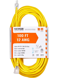 VEVOR 100FT Heavy Duty Extension Cord, 12AWG 15Amps 1875W, 3 Prongs Indoor Outdoor Electric Cord with Lighted End, Flexible & -40°C Cold-Resistant for Lawn, Garage, Home Use, ETL Listed