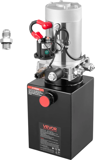 VEVOR 6 Quart Hydraulic Power Unit, Single Acting Dump Trailer Pump, 3200 PSI Max Relief Pressure & 0.91 GPM Flow Rate, DC 12V Hydraulic Pump with Metal Reservoir for Dump Trailer Car Lifting, Black